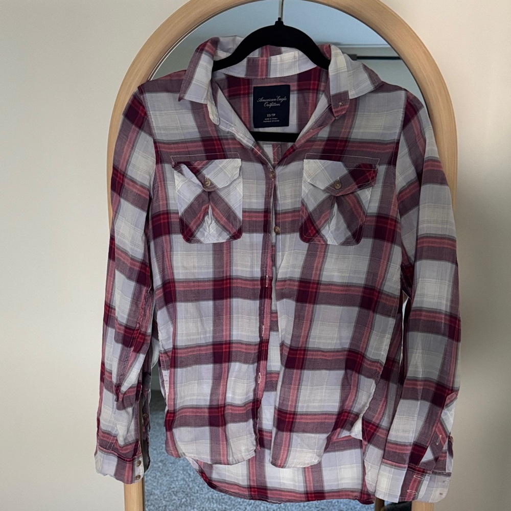 American Eagle Outfitters Burgundy & White Plaid Button-Up Shirt